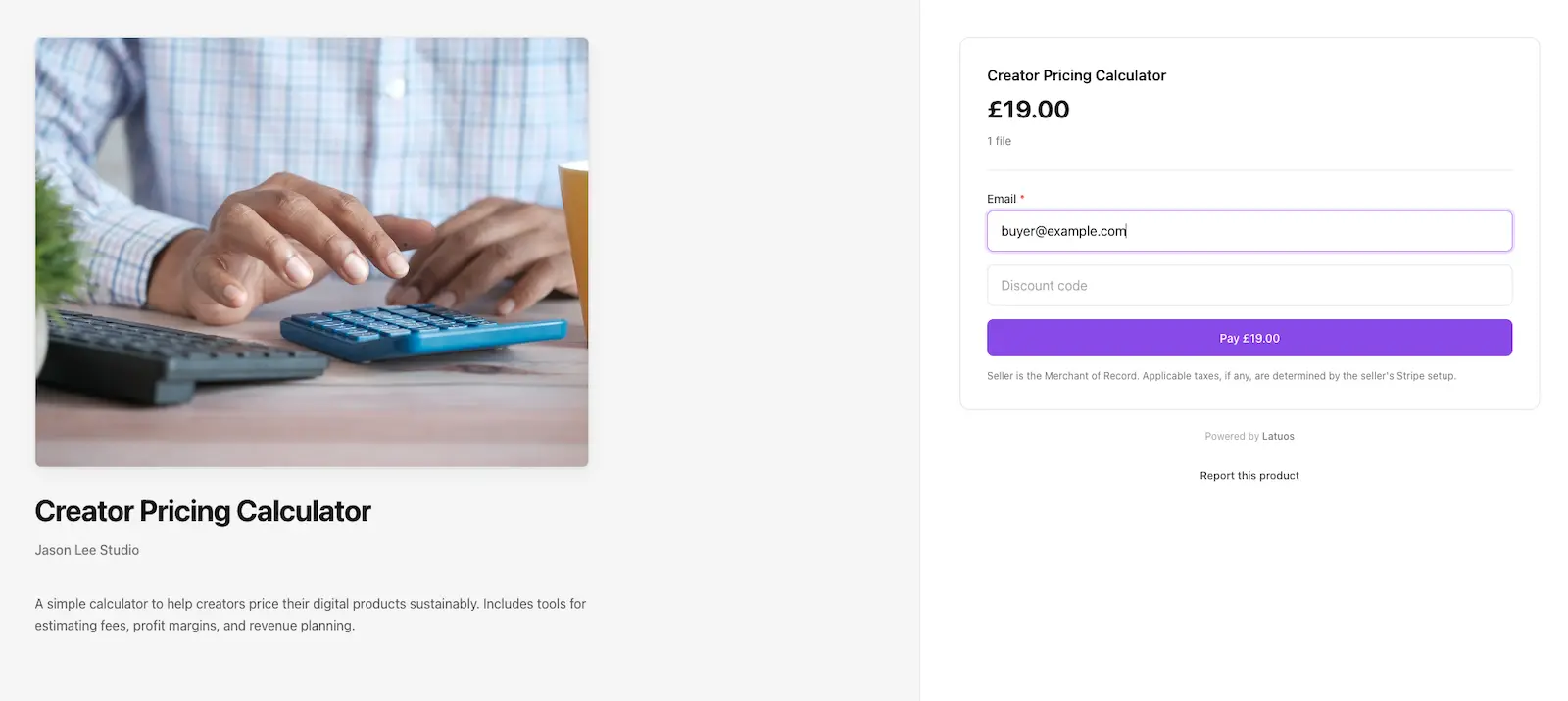 Latuos buyer-facing product page for a digital download at £19 with Stripe payment form