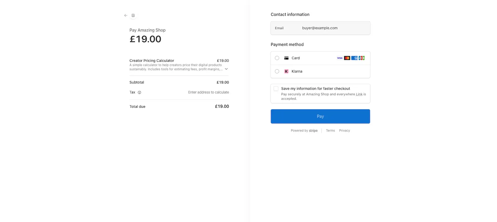 Stripe checkout for a Latuos-powered sale showing card, Apple Pay, and Klarna payment options